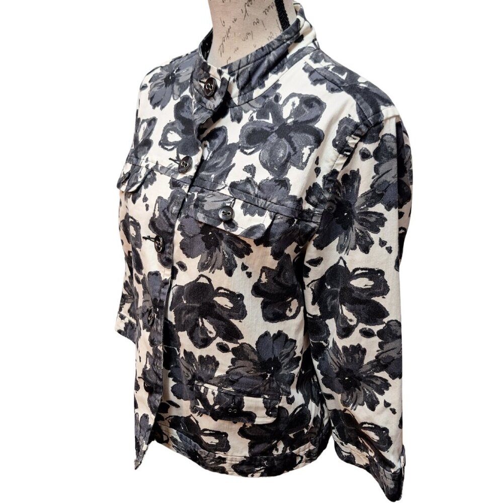 Womens‎ Black & White Floral Denim Jacket Large - Retro 90s Cottage Preppy - Picture 2 of 9